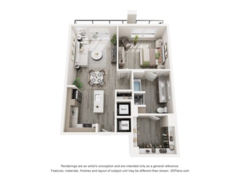 Floor plan for 1 bed, 1 bath, 851 sqft